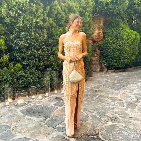 Marchesa Notte Strapless Embelished Gold Tille gown - Picture 4 of 5